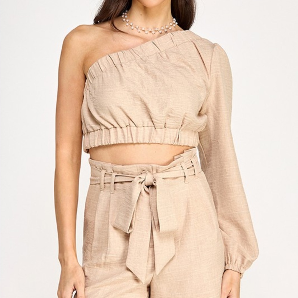 One-Shoulder Beige Crop Top and Short Set NWT